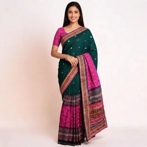 Green_And_Pink_Pure_Cotton__Ikat_Print_Traditional_Saree_For_Women