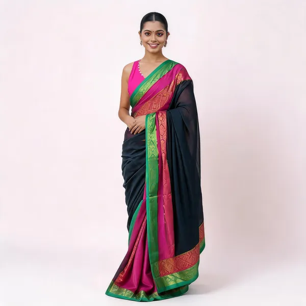 Black_100%_Pure_Mul_Cotton_Trending_Woven_Zari_Border_Saree_With_Blouse_For_Women