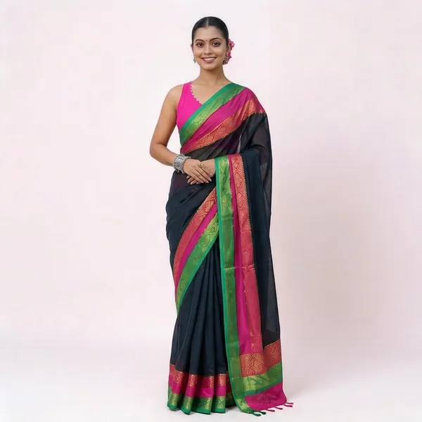 Black_100%_Pure_Mul_Cotton_Trending_Woven_Zari_Border_Saree_With_Blouse_For_Women