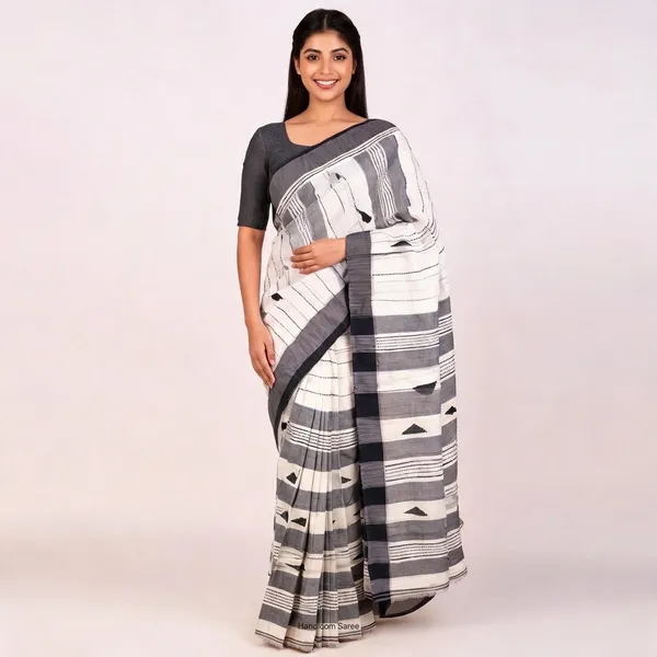 Grey_And_White_Cotton_Handloom_Striped_Saree_For_Women