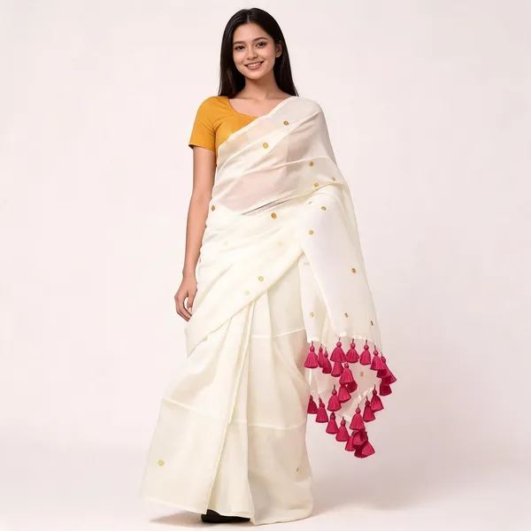 White_100%_Pure_Mul_Cotton_Trending_Polka_Dot_Tassel_Saree_For_Women