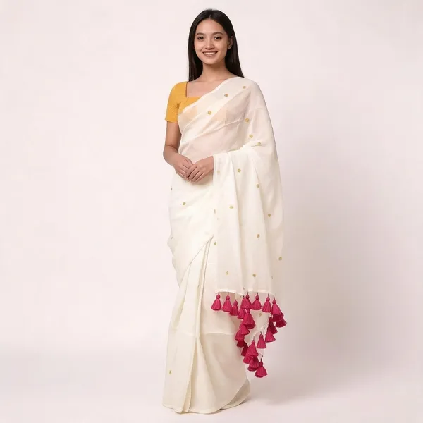 White_100%_Pure_Mul_Cotton_Trending_Polka_Dot_Tassel_Saree_For_Women
