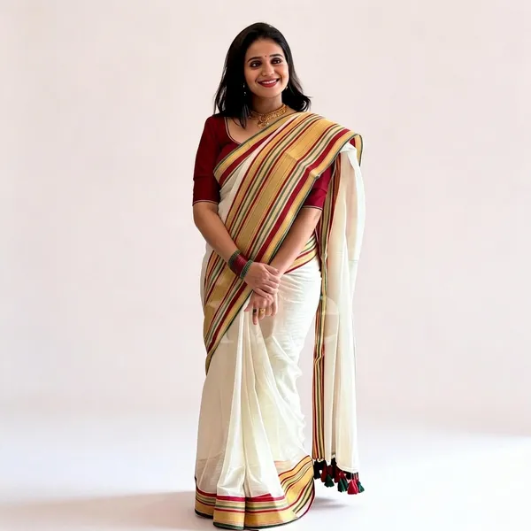 White_100%_Pure_Mul_Cotton_Trending_Kerala_Style_Striped_Border_Saree_For_Women