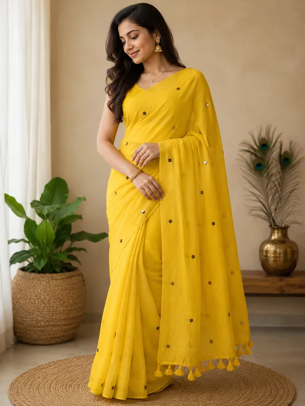 Yellow_100%_Mul_Cotton_Sequin_Embellished__Saree_For_Women