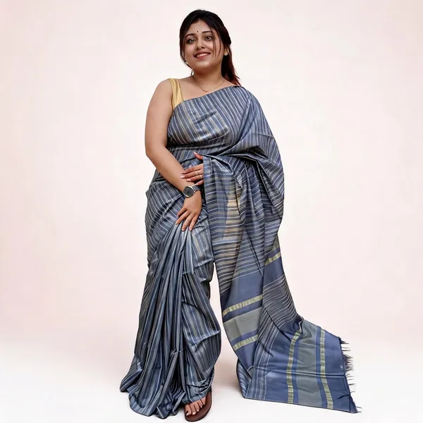 Grey_Silk_Striped_Golden_Zari_Border_Saree_For_Women