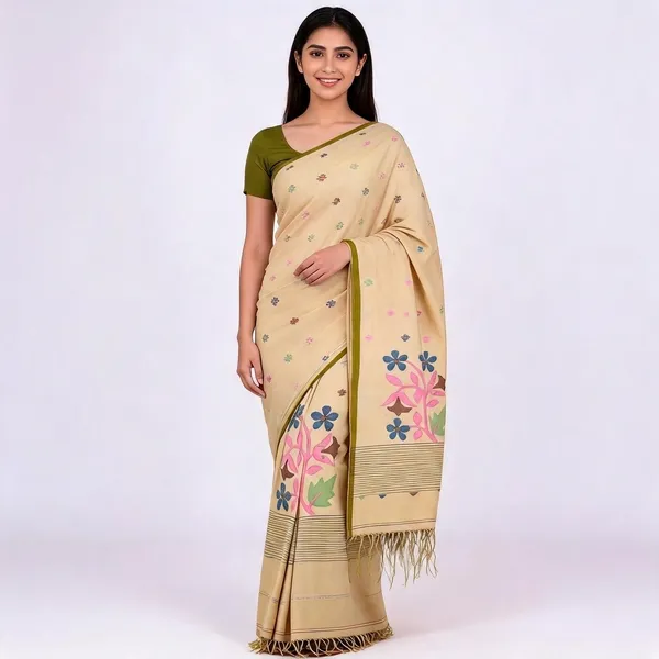 Beige_Handloom_Cotton_Floral_Print_Saree_For_Women