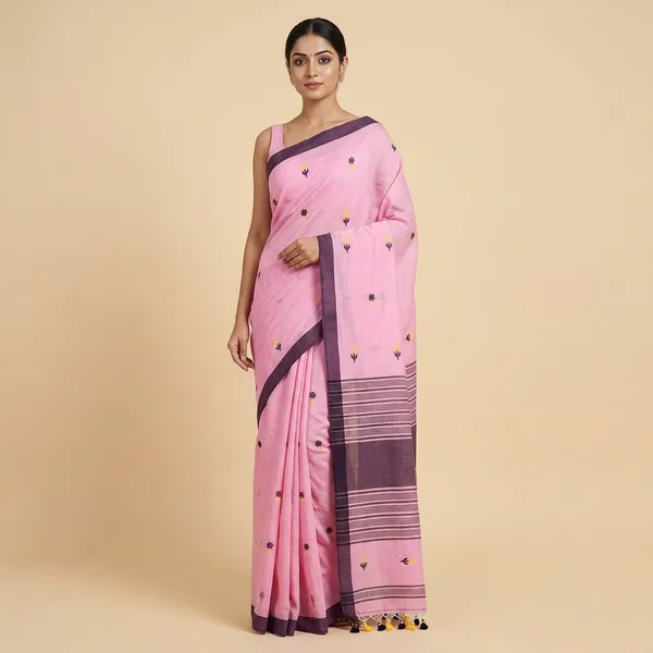 Pink_Cotton_Handwoven_Booti_Tassel_Border_Saree_For_Women