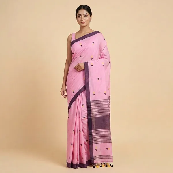 Pink_Cotton_Handwoven_Booti_Tassel_Border_Saree_For_Women