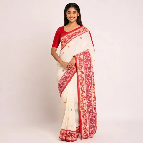 Off_White_Handloom_Cotton_Peacock_Woven_Red_Border_Saree_For_Women