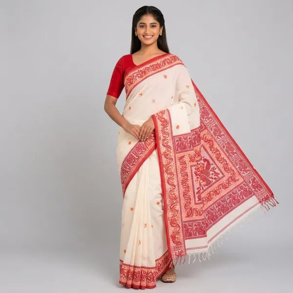 Off_White_Handloom_Cotton_Peacock_Woven_Red_Border_Saree_For_Women