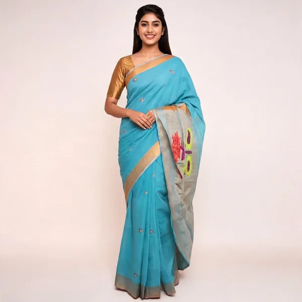 Turquoise_pure_Linen_Handloom_Woven_Border_Saree_For_Women