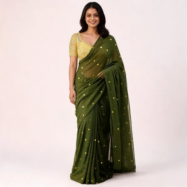 Olive_Green_100%_Pure_Mul_Cotton_Trending__Sequin_Embellished_Saree_For_Women