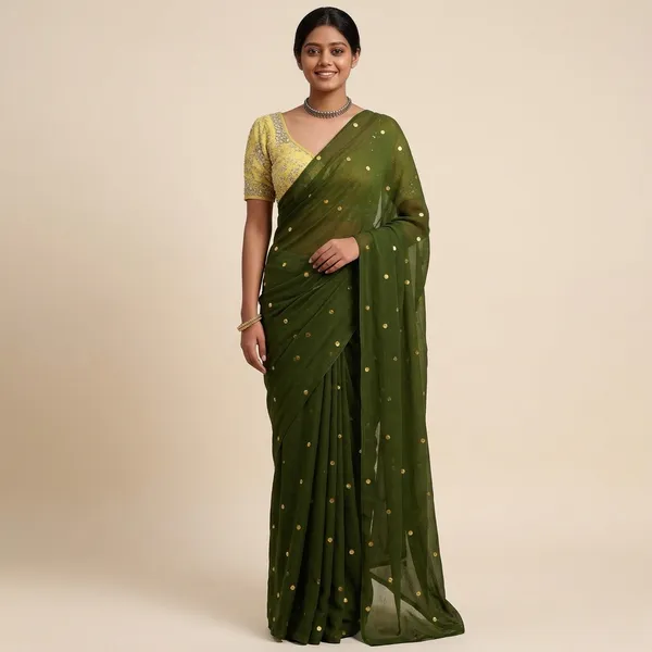 Olive_Green_100%_Pure_Mul_Cotton_Trending__Sequin_Embellished_Saree_For_Women