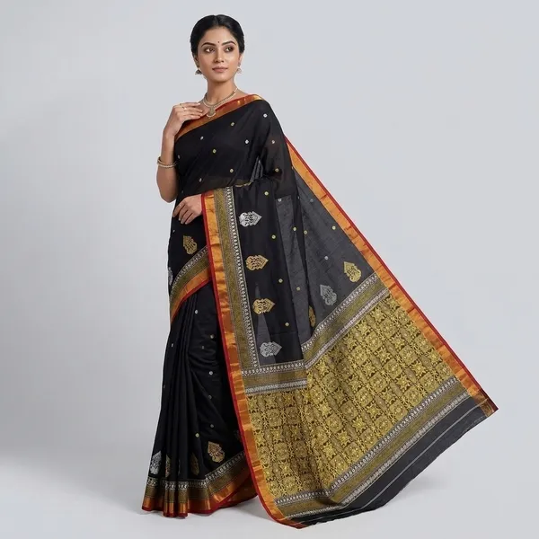 Black_Handloom_Cotton_Butti_Print_Mustard_Border_Saree_For_Women