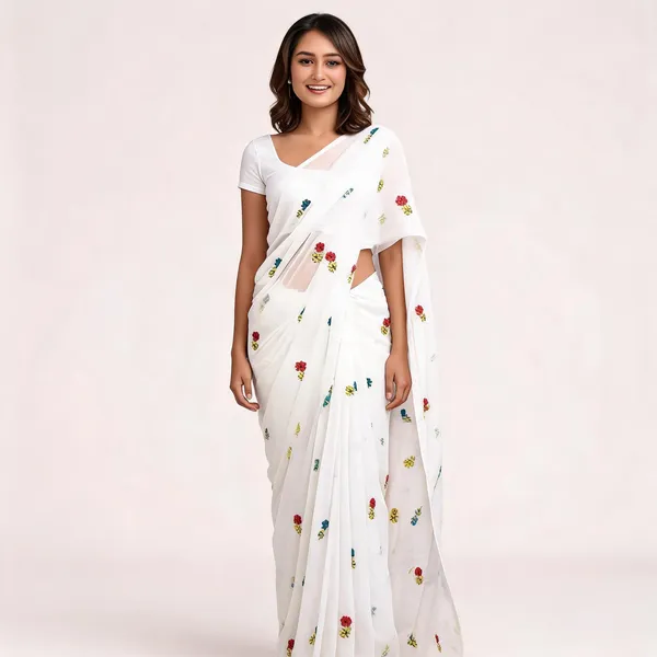 White_Georgette_Floral_Embroidered_Saree_For_Women