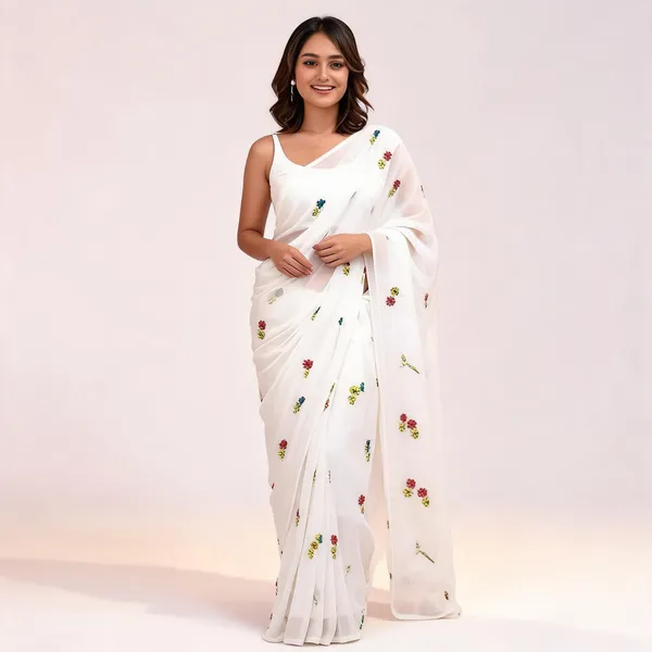 White_Georgette_Floral_Embroidered_Saree_For_Women