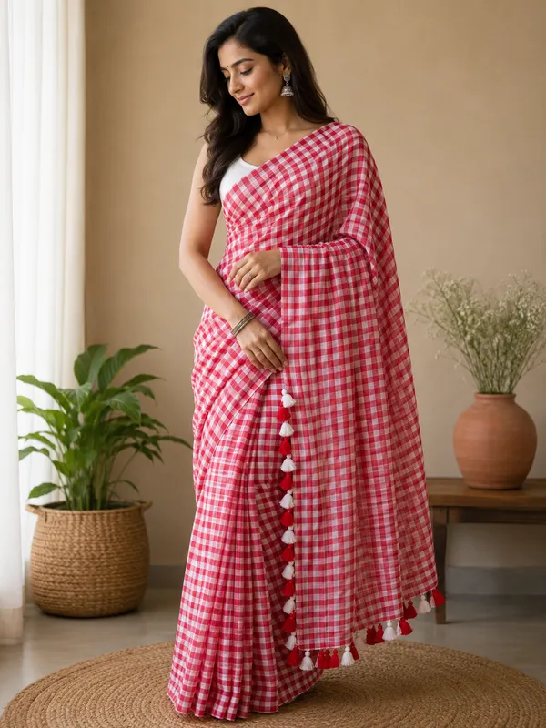 100%_Pure_Mul_Cotton_Trending_Gingham_Check_Tasseled_Saree_For_Women