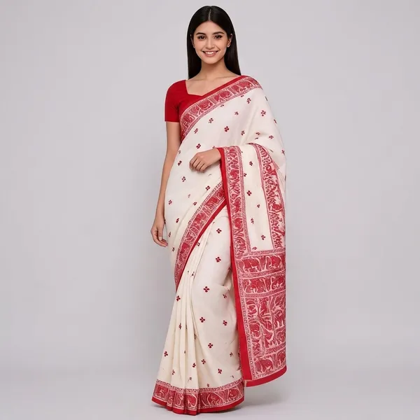 Off_White_Handloom_Cotton_Baluchuri_Elephant_Floral__Border_Saree_For_Women