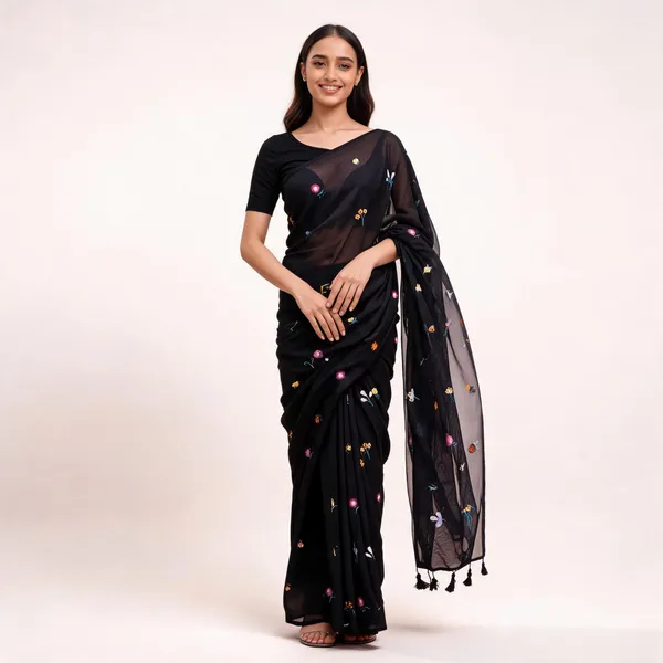 Black__100%_Pure_Mul_Cotton_Trending_Floral_Embroidered_Saree_For_Women
