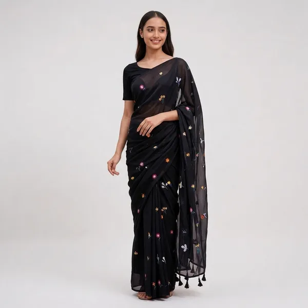 Black__100%_Pure_Mul_Cotton_Trending_Floral_Embroidered_Saree_For_Women