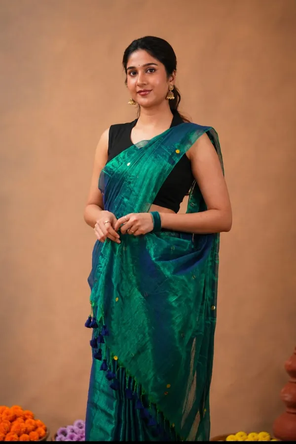 Teal_Linen_Tissue_Shimmer_Ethnic_Saree_For_Women