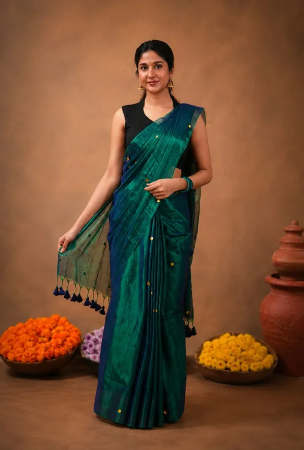 Teal_Linen_Tissue_Shimmer_Ethnic_Saree_For_Women