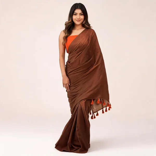 Brown_100%_Pure_Mul_Cotton_Trending_Plain_Saree_With__Blouse_For_Women