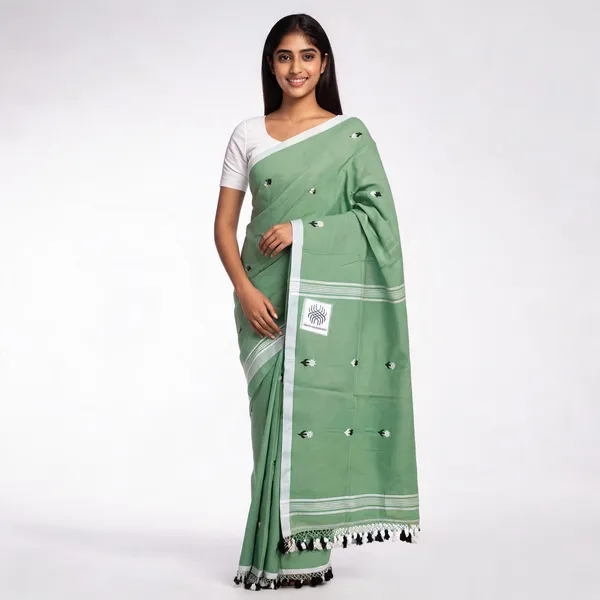 Green_Handloom_Cotton_Embroidered_Tassel_Saree_For_Women