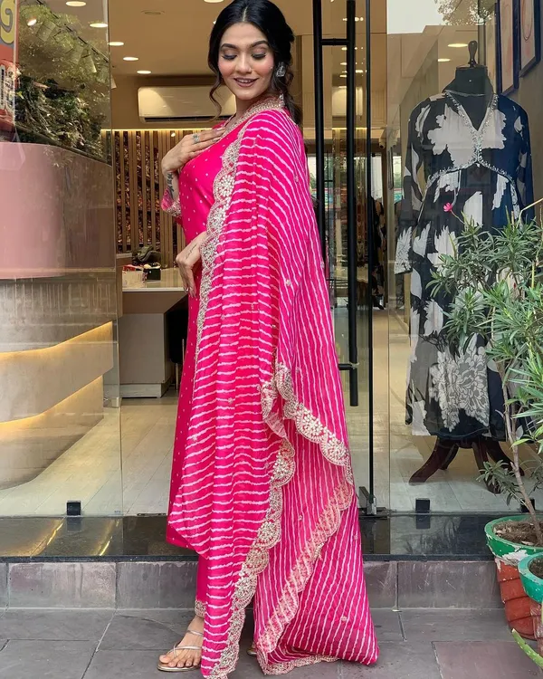 Luxurious_Pink_Heavy_Chanderi_A-Line_Kurti___with_EmbroideryIncludes_Pant_&_Dupatta_For_Women