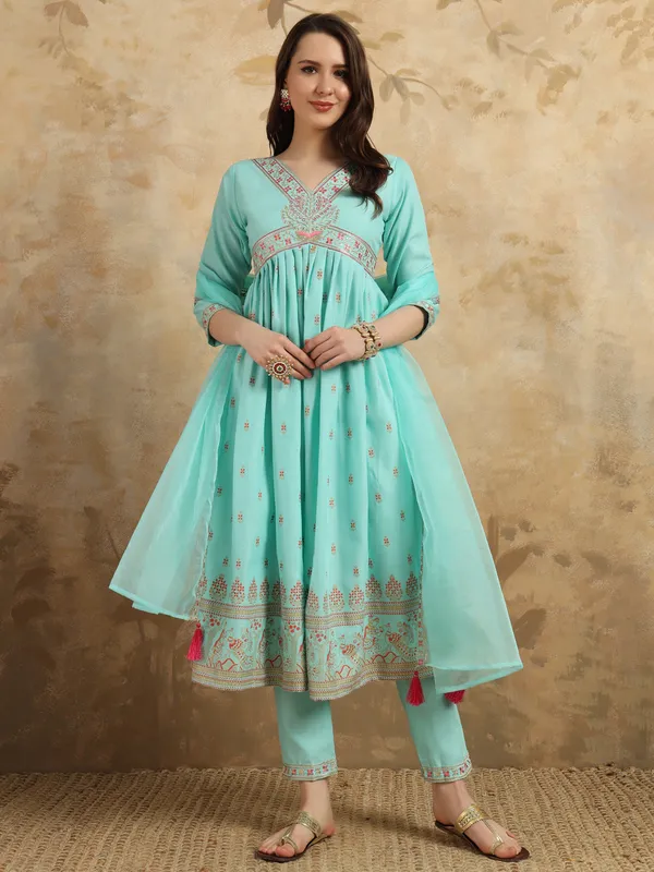 Sky_Blue_Rayon_Slub_Kurti__with_Foil_Print_and_Embroidery_Elegant_and_Stylish_Kurti__For_Women