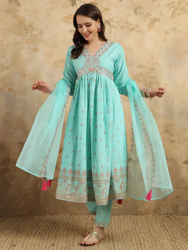 Sky_Blue_Rayon_Slub_Kurti__with_Foil_Print_and_Embroidery_Elegant_and_Stylish_Kurti__For_Women
