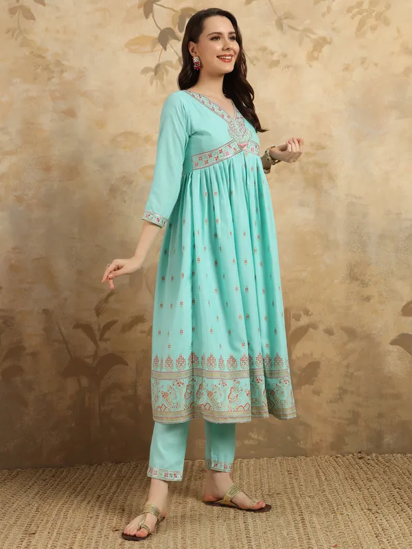 Sky_Blue_Rayon_Slub_Kurti__with_Foil_Print_and_Embroidery_Elegant_and_Stylish_Kurti__For_Women