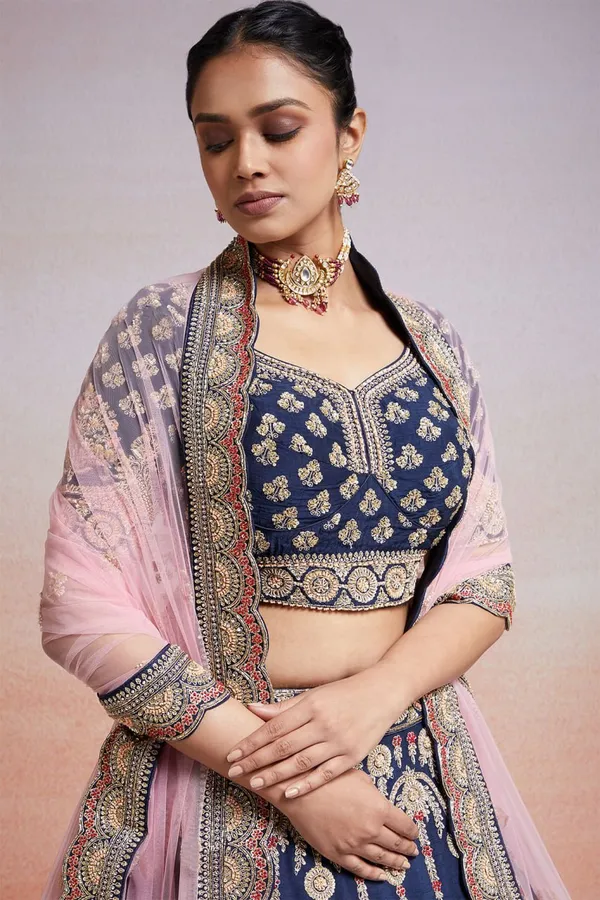Blue_Embroidered_Semi_Stitched_Lehenga_Choli__For_Women