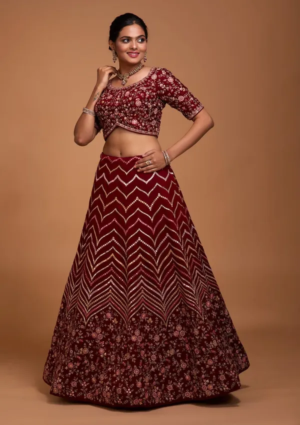 Blueberry_Maroon:_Embroidered_Satin_Lehenga_Choli_Ensemble