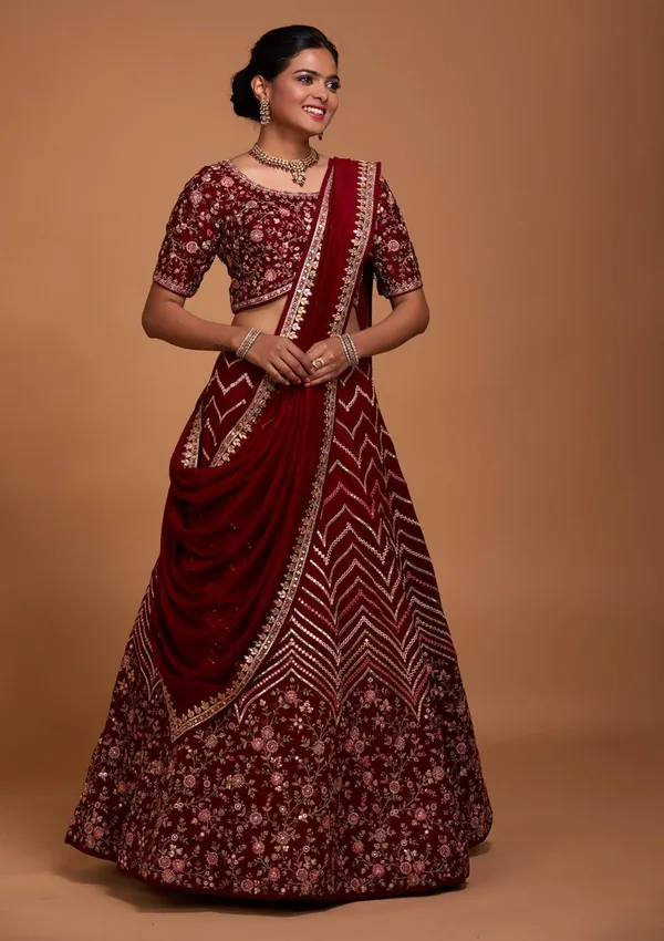 Blueberry_Maroon:_Embroidered_Satin_Lehenga_Choli_Ensemble