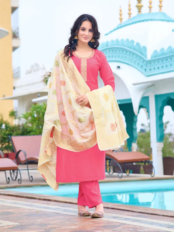 Pink_Blush_Peach_Embroidered_Kurti_With_Cream_Dupatta_For_Women___For_Women