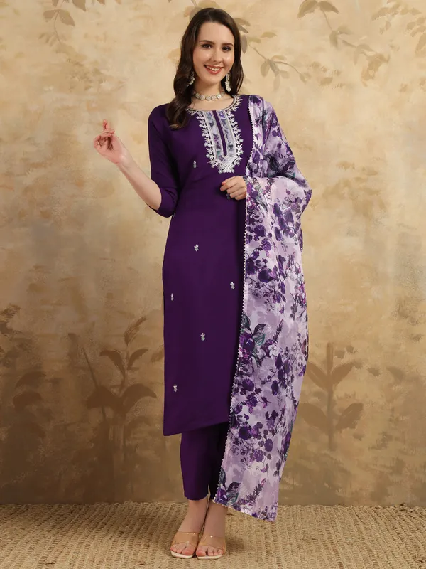Wine_Elegant_Wine_Heavy_Chanderi_A-Line_Kurti___With_Embroideryincludes_Pant_&_Dupatta_For_Women_For_Women