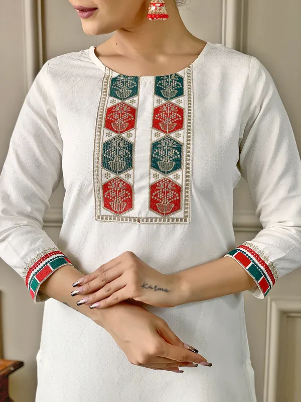 White_Women_Printed,_Embroidered_Ethnic_Dress_Kurta__For_Women