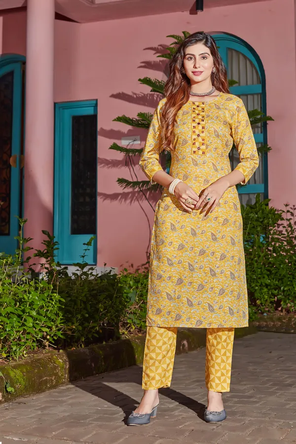 Yellow__Cotton_Blend_Table_Print_And_Hand_Work_Kurta_With_Pant_And_Dupata_Set_For_Women