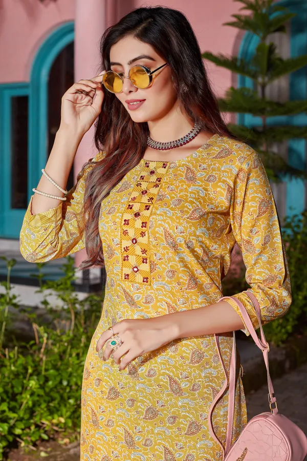 Yellow__Cotton_Blend_Table_Print_And_Hand_Work_Kurta_With_Pant_And_Dupata_Set_For_Women