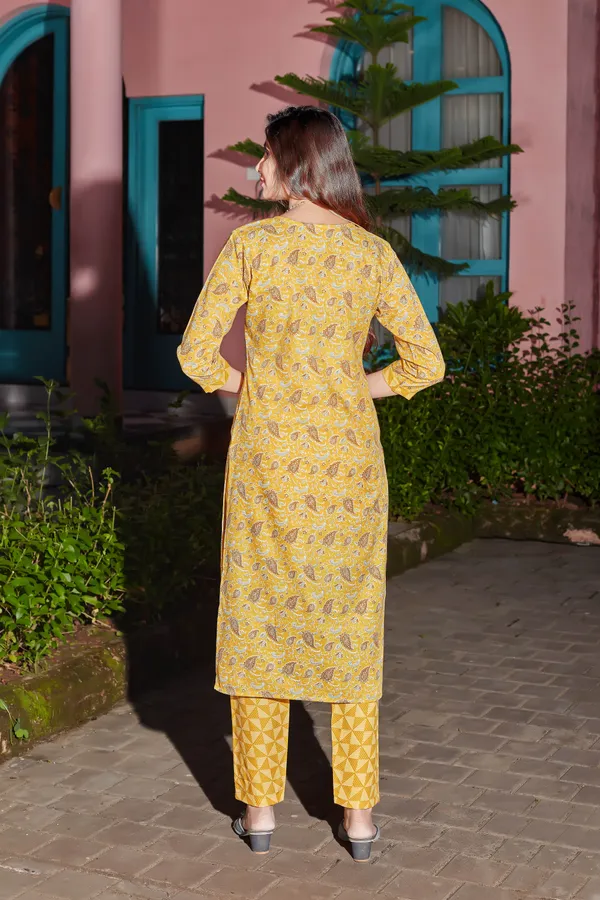 Yellow__Cotton_Blend_Table_Print_And_Hand_Work_Kurta_With_Pant_And_Dupata_Set_For_Women