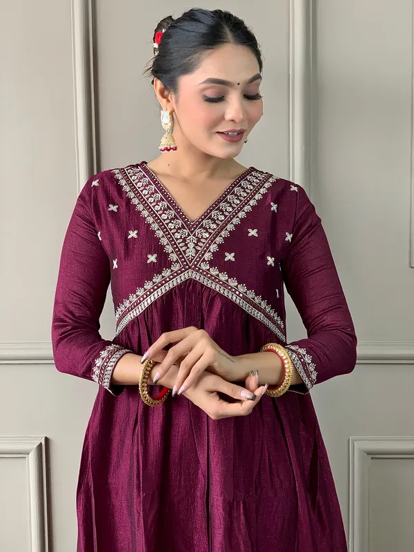 Maroon_Women_Printed,_Embroidered_Ethnic_Dress_Kurta__For_Women
