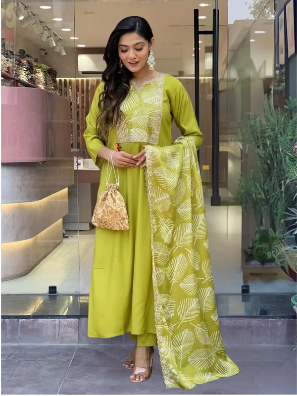 Green_S_Lemon_Yellow_Bsy_Viscose_Embroidered_Straight_Kurta_With_Matching_Pant_And_French_Crepe_Lace_Dupatta_Set_For_Women