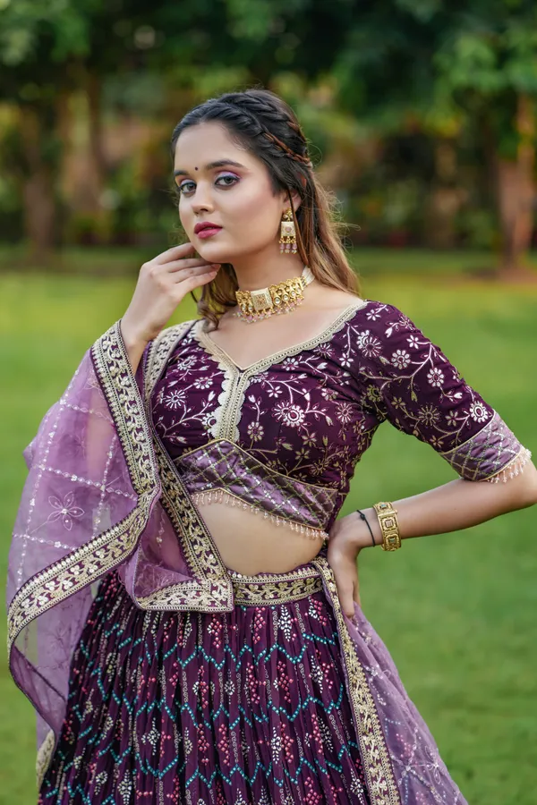 Wine_Wine_Heavy_Bridal_Lehenga_Choli_With_Dupatta_And_Blouse_For_Women