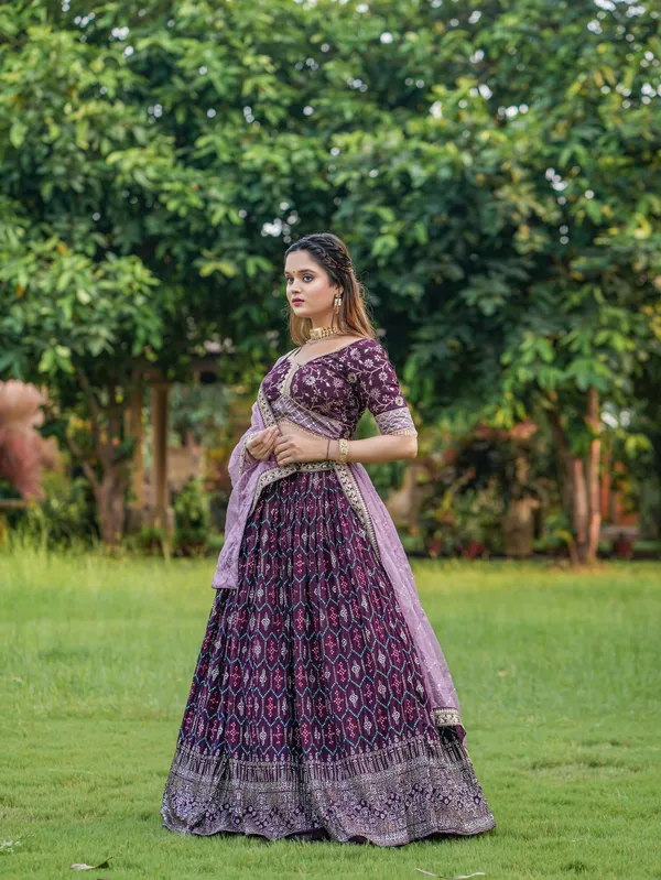 Wine_Wine_Heavy_Bridal_Lehenga_Choli_With_Dupatta_And_Blouse_For_Women