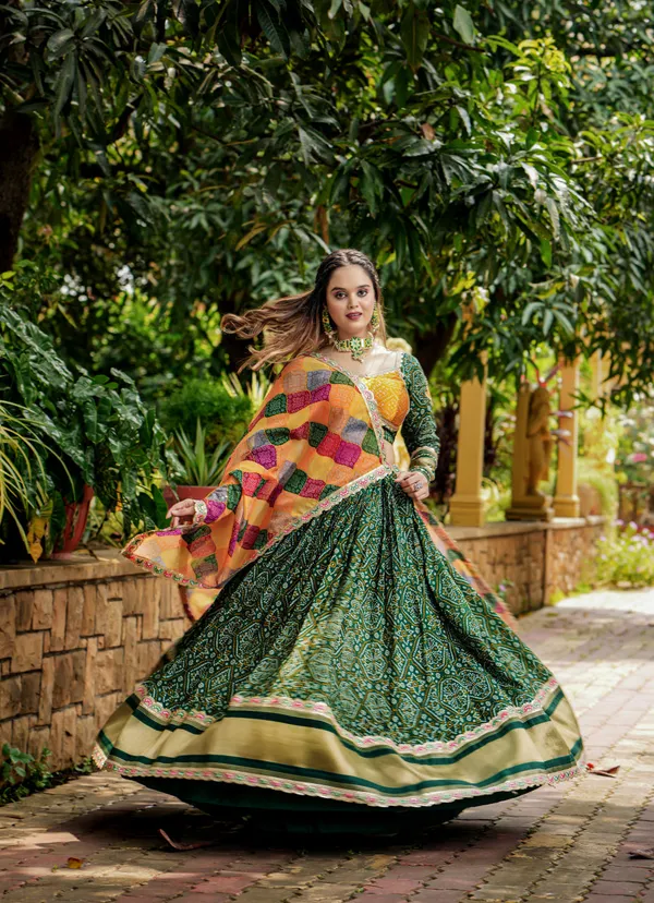 Green_Chic_Bandhani_Lagdi_Patta_Lehenga_With_Zari_And_Thread_Embroidery_For_Women