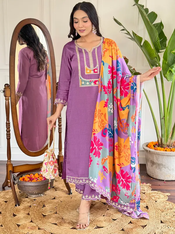 Lavender Desingner Embroidered Kurti Pant Dupatta ...
