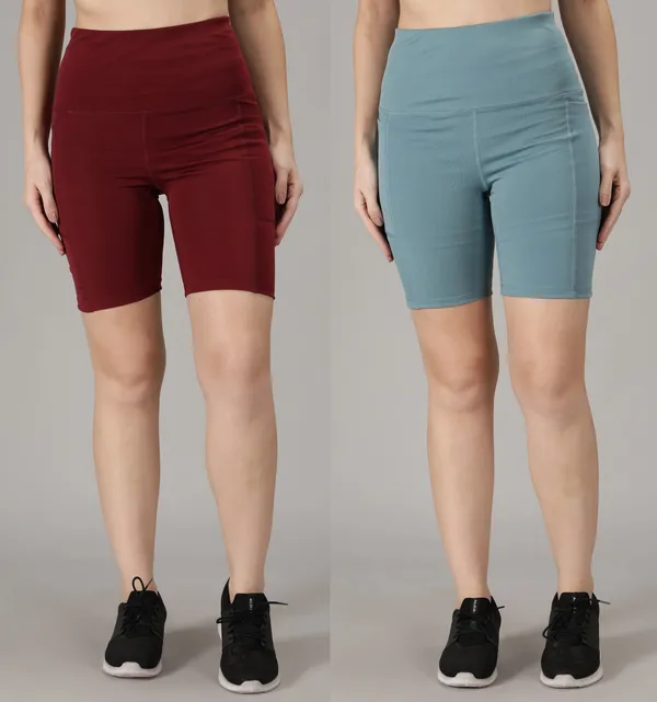 Pack_of_2_Maroon_&_Light_Blue_Polyester_Blend_Solid_Western_Sportswear_Tights_Shorts_For_Women