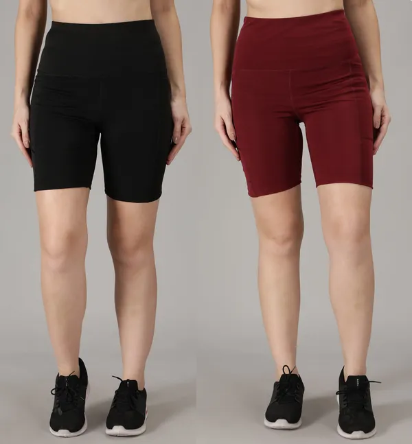 Pack_of_2_Maroon_&_Black_Polyester_Blend_Solid_Western_Sportswear_Tights_Shorts_For_Women