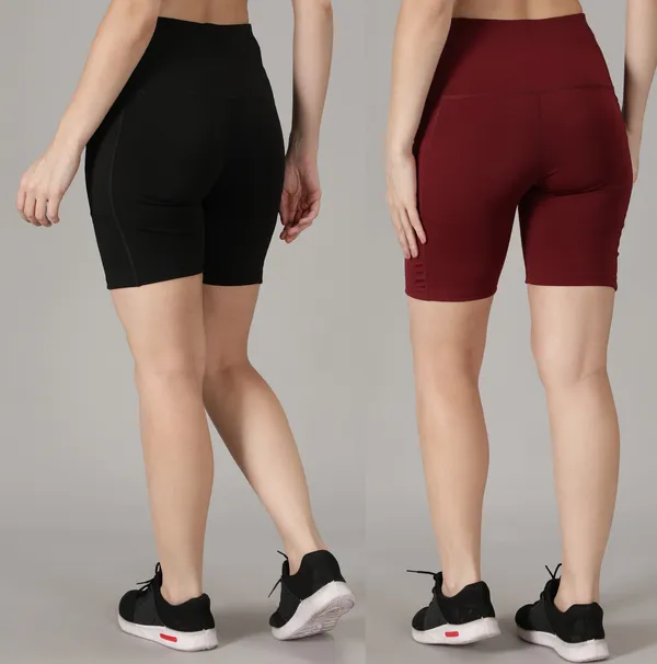 Pack_of_2_Maroon_&_Black_Polyester_Blend_Solid_Western_Sportswear_Tights_Shorts_For_Women